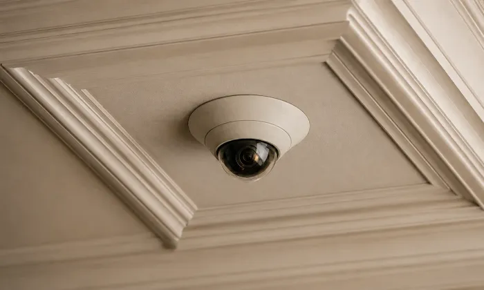 Small dome security camera recessed into a painted ceiling with crown molding.