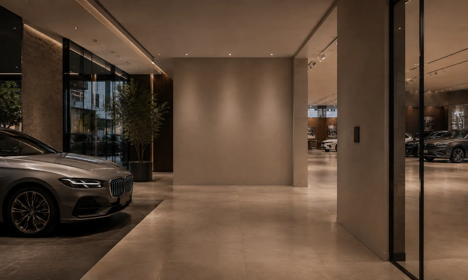 Softly lit luxury automobile showroom interior with a wall-mounted access control keypad on a central column and vehicles visible in the background.
