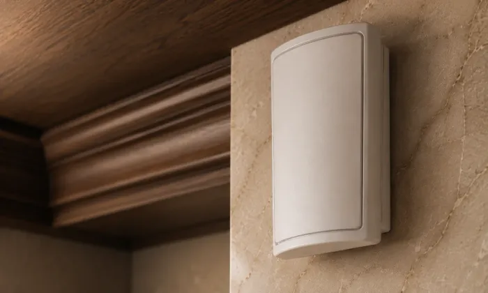 Wall-mounted motion detector installed where a wood-paneled ceiling meets a stone wall near a doorway.