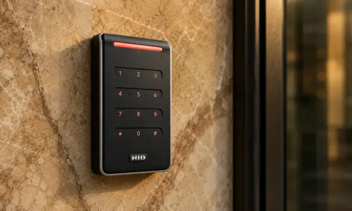 Wall-mounted access control keypad reader beside a glass entrance door in a stone-clad interior.