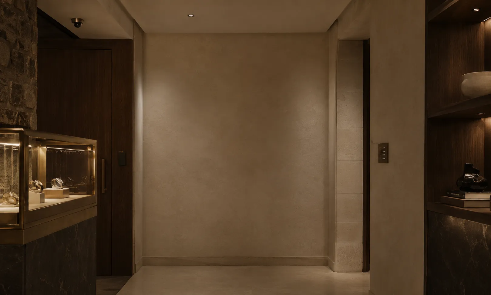 Calm hallway inside a boutique retail interior, with a ceiling-mounted camera, a wall-mounted access control keypad, and a lit glass display case visible in the surrounding architecture.